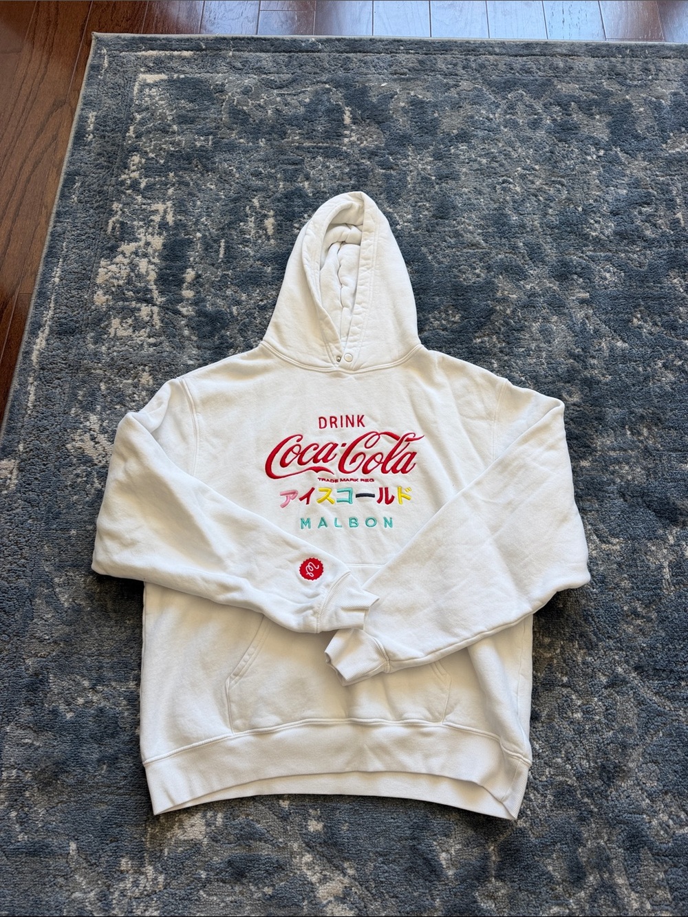 Malbon Coca Cola White Hoodie with Red Logo and Multicolor Embroidery